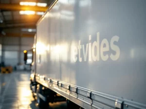 Witte bestelwagen geparkeerd in moderne industriële laadzone met warme middagzon die zachte schaduwen werpt