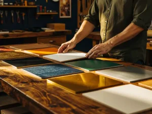 Vakman rangschikt diverse gedrukte bordmonsters op houten werktafel, met variërende kleuren en afwerkingen in warm goudgeel licht.
