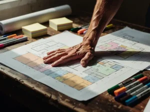 Vermoeide hand op een houten bureau bezaaid met uitgerolde plattegronden en kleurgecodeerde winkelplattegronden met sticky notes.