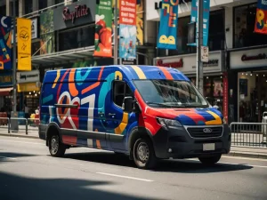 Opvallend blauw-rode vinylbeplakte bezorgbus op drukke stadsstraat, omringd door winkelpuien en reclameborden.