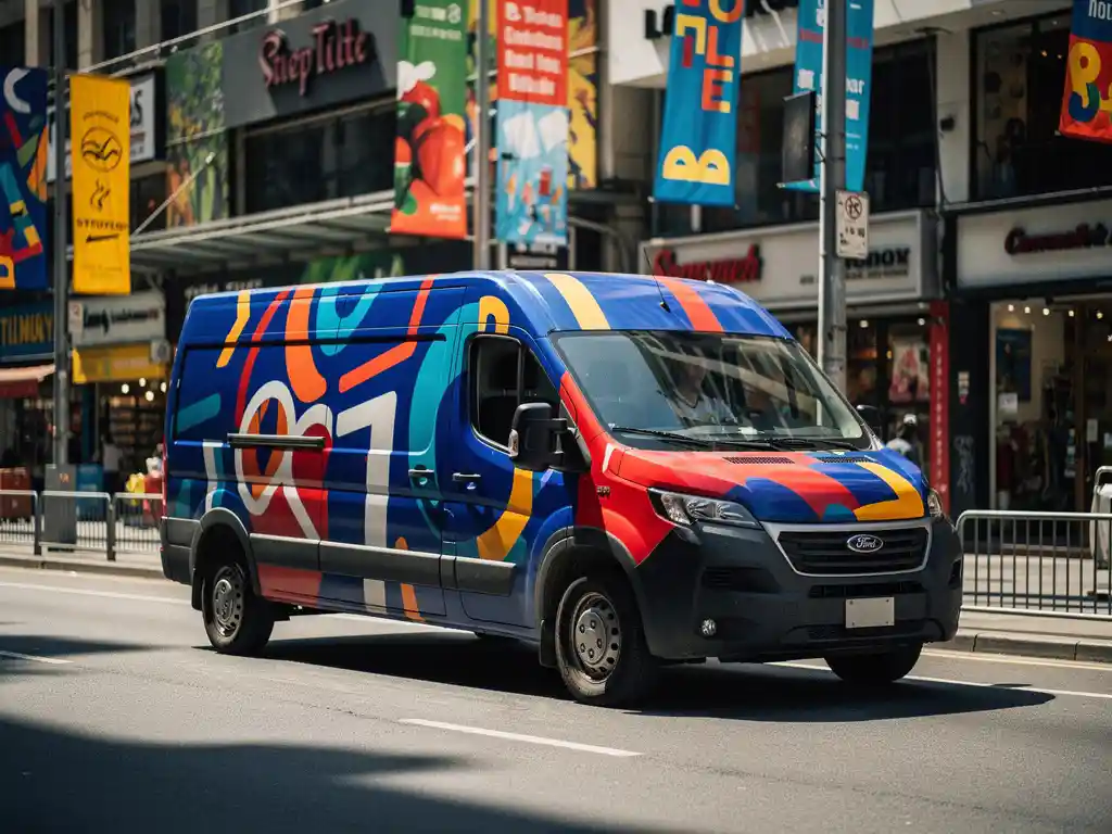 Opvallend blauw-rode vinylbeplakte bezorgbus op drukke stadsstraat, omringd door winkelpuien en reclameborden.