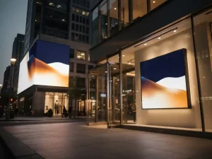 Groot verlicht digitaal reclamebord op een stadsgebouw naast een modern indoor displayscherm in een winkelinterieur bij schemerlicht.