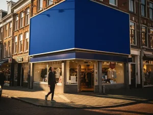Voetganger die opkijkt naar een reclamebord op een druk Nederlands winkelstraathoek in warm middagzonlicht.