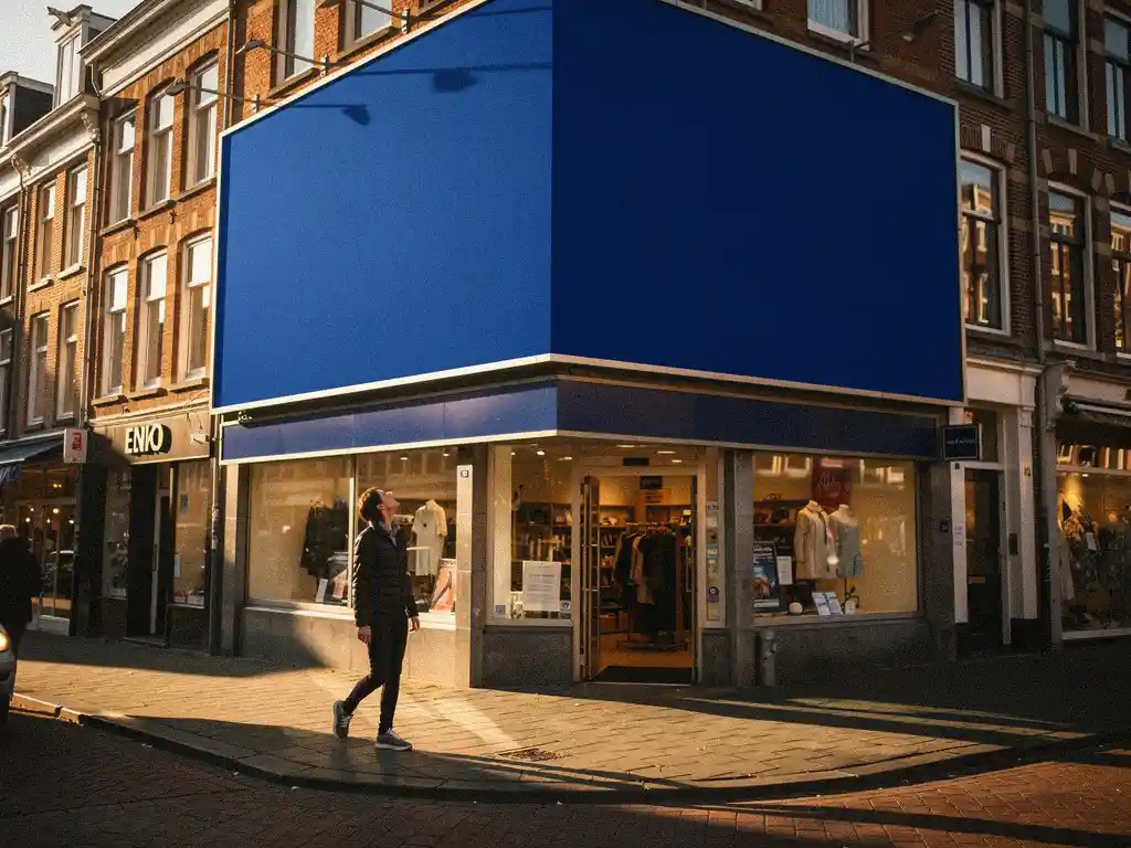Voetganger die opkijkt naar een reclamebord op een druk Nederlands winkelstraathoek in warm middagzonlicht.