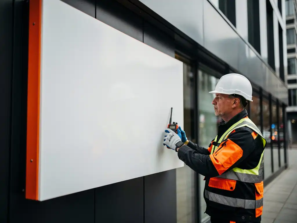 Technicus in werkkleding inspecteert gelamineerd buitenreclame paneel op stedelijke gevel bij bewolkt daglicht.