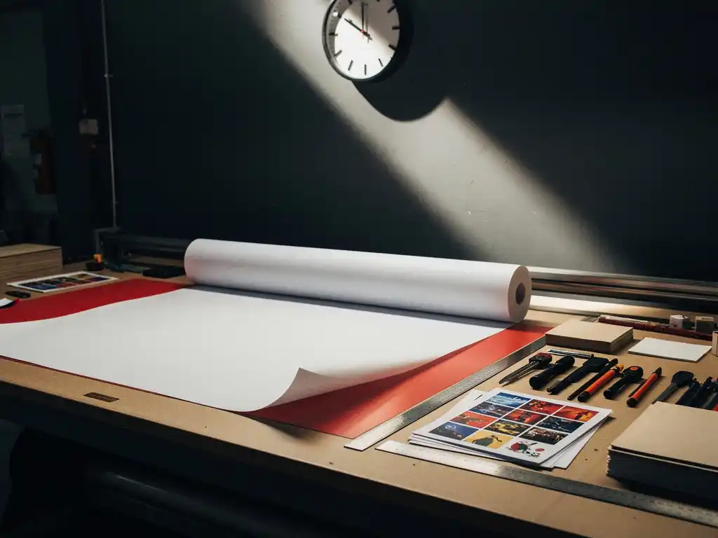 Gedeeltelijk opgerold printbanner op productietafel met kleurproeven en snijgereedschap, wandklok erboven in industriële drukkerij.