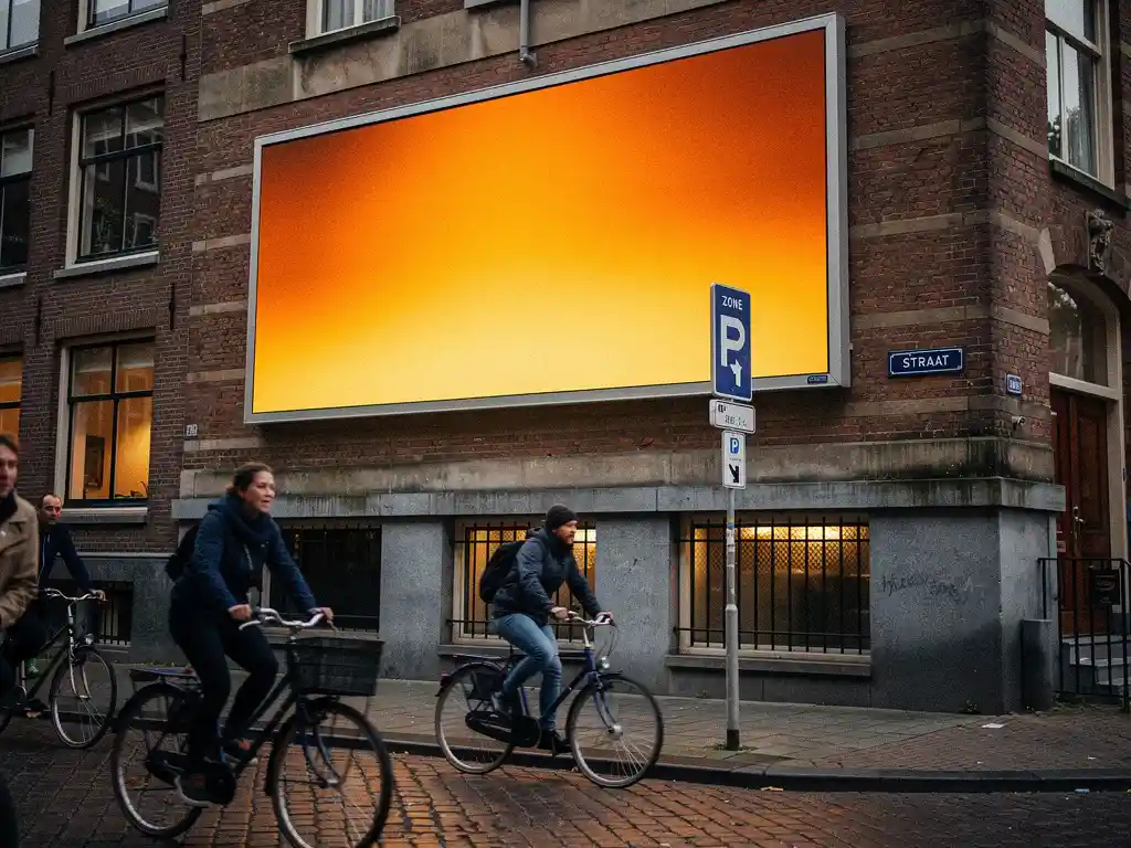Groot digitaal reclamebord met amberkleurig licht op bakstenen gevel in Nederlandse stad, fietsers op kasseienstraat op de achtergrond.