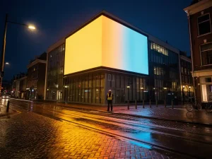 Verlicht digitaal reclamebord op een modern Amsterdams gebouw, weerspiegeld op natte kasseien bij schemering, technicus in veiligheidsvest op de voorgrond.
