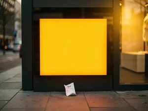 Verlicht digitaal reclamebord op een moderne Nederlandse winkelgevel in amber gloed, met een kassabon op de stoep ervoor.
