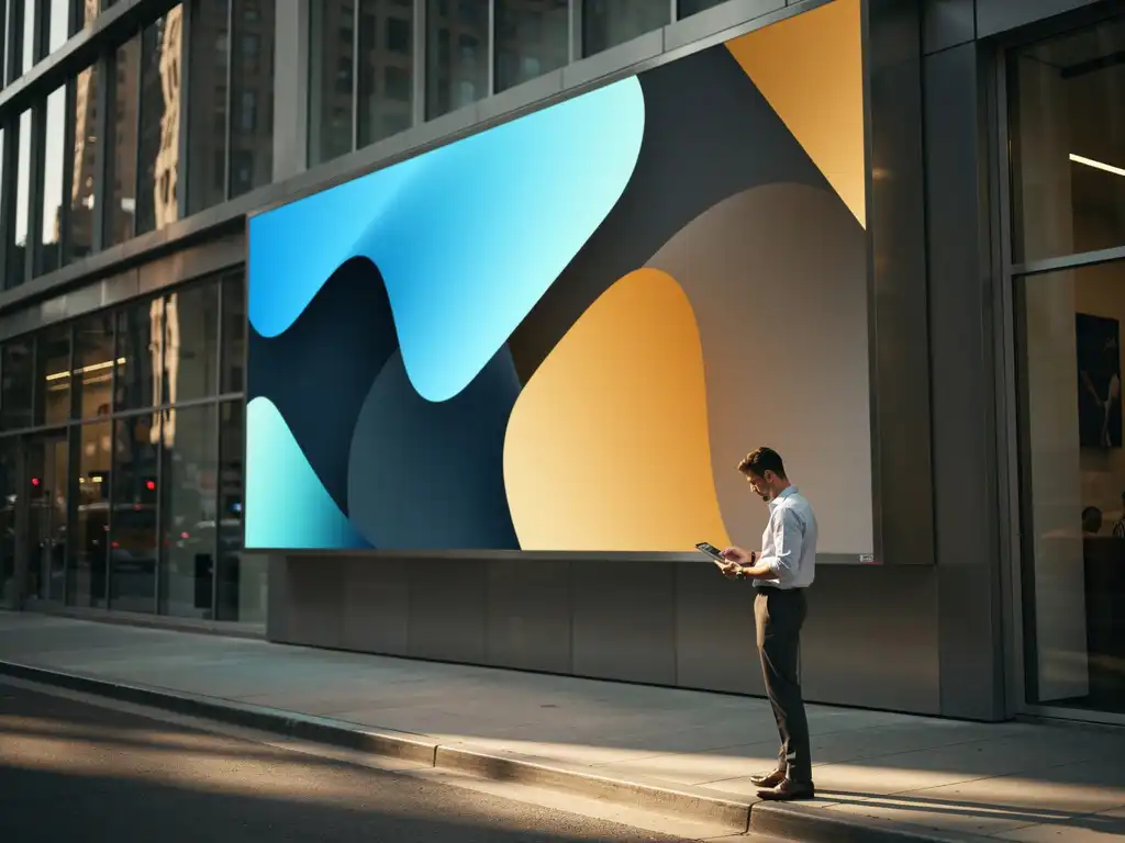 Professional met tablet bekijkt contentplanning naast een groot digitaal billboard op een modern stedelijk gebouw in middaglicht.