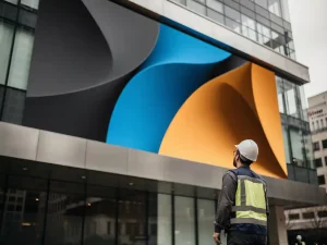 Technicus in werkvest inspecteert groot digitaal LED-billboard op moderne gevel in zacht Nederlands daglicht.