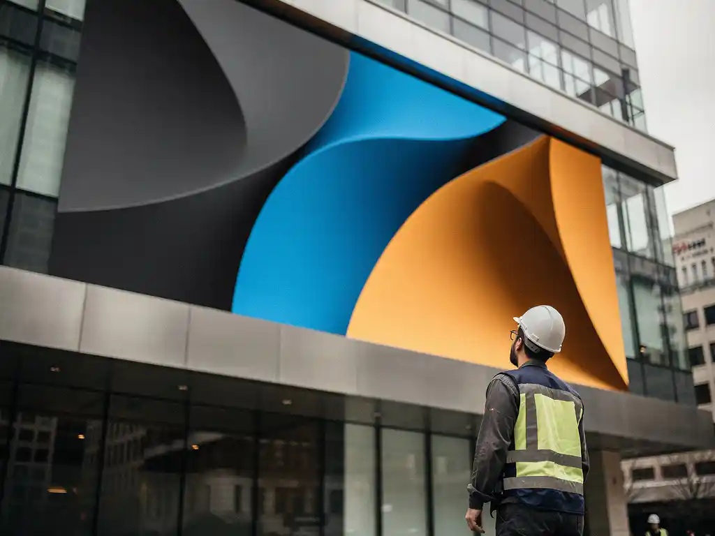 Technicus in werkvest inspecteert groot digitaal LED-billboard op moderne gevel in zacht Nederlands daglicht.