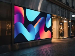 Groot digitaal reclamedisplay op moderne gevel in Europese winkelstraat, verlicht door warm avondlicht in blauw en amber tinten.