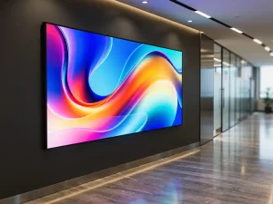 Groot digitaal beeldscherm met kleurrijke merkvisualisaties in een moderne kantoorgang met elektrisch blauwe en warmwitte tinten.