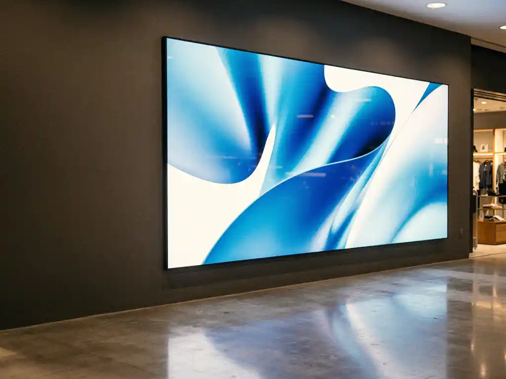 Groot digitaal beeldscherm met levendige beelden op een moderne retailmuur, verlicht door warme winkelverlichting en gepolijste betonvloer.