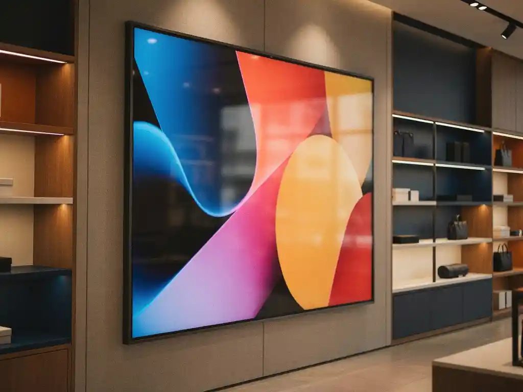 Groot digitaal displayscherm aan een strakke retailmuur met levendig roterend content en warm winkelverlichting.