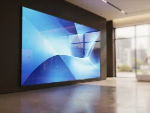 Ultraflat digitaal beeldscherm op moderne muur in retailomgeving, stralend in elektrisch blauw en warm wit licht.