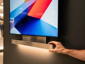 Technicus stelt een slanke digitale displaypaneel bij in een moderne showroom met warme verlichting en elektrisch blauwe merkinhoud.