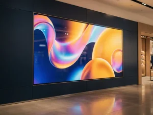 Groot digitaal beeldscherm met kleurrijke merkvisuals in marineblauw en amber, gemonteerd op moderne retailmuur met gepolijste betonvloer.