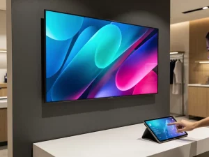 Grote digitale display met kleurrijke merkvisuels aan moderne wand, terwijl een vinger een draadloze tablet bedient in strak retailinterieur.