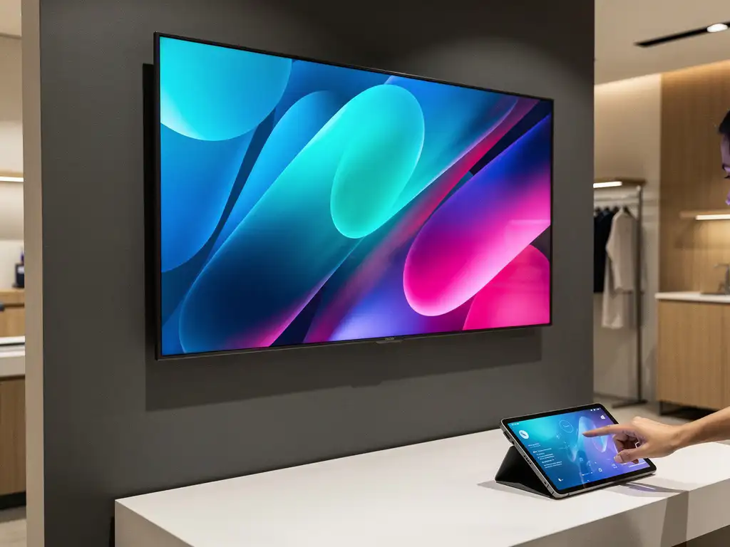 Grote digitale display met kleurrijke merkvisuels aan moderne wand, terwijl een vinger een draadloze tablet bedient in strak retailinterieur.