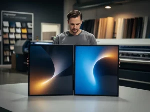 Technicus inspecteert twee grote digitale displaypanelen in een professionele signage-werkplaats met apparatuur op de achtergrond.