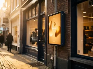 Compact digitaal display met warme amber promotiecontent op een gezellige Nederlandse winkelgevel in laat middaglicht.