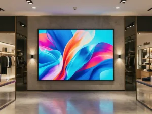 Groot digitaal displayscherm met levendige merkbeelden in een moderne winkel met gepolijste betonvloer en warme verlichting.