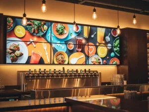Digitaal menubord boven een moderne restaurantbar met ambachtelijke biertaps, Edison-verlichting en gepolijst hout.