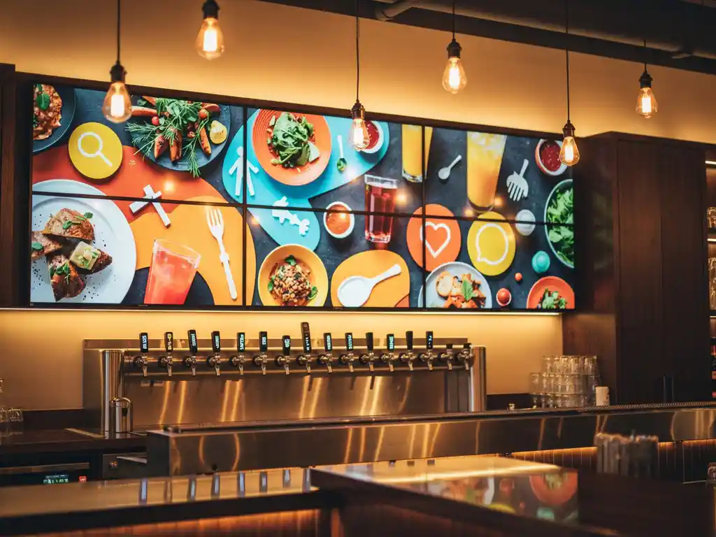 Digitaal menubord boven een moderne restaurantbar met ambachtelijke biertaps, Edison-verlichting en gepolijst hout.