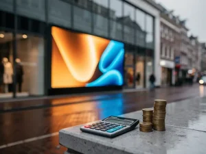 Digitaal reclamescherm op Nederlandse winkelgevel met euro-munten en rekenmachine op richel, natte straatstenen op de voorgrond.