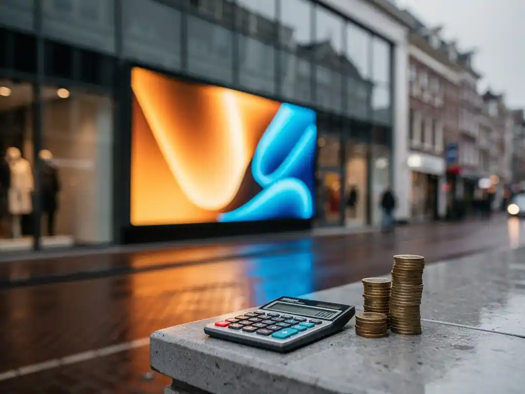Digitaal reclamescherm op Nederlandse winkelgevel met euro-munten en rekenmachine op richel, natte straatstenen op de voorgrond.