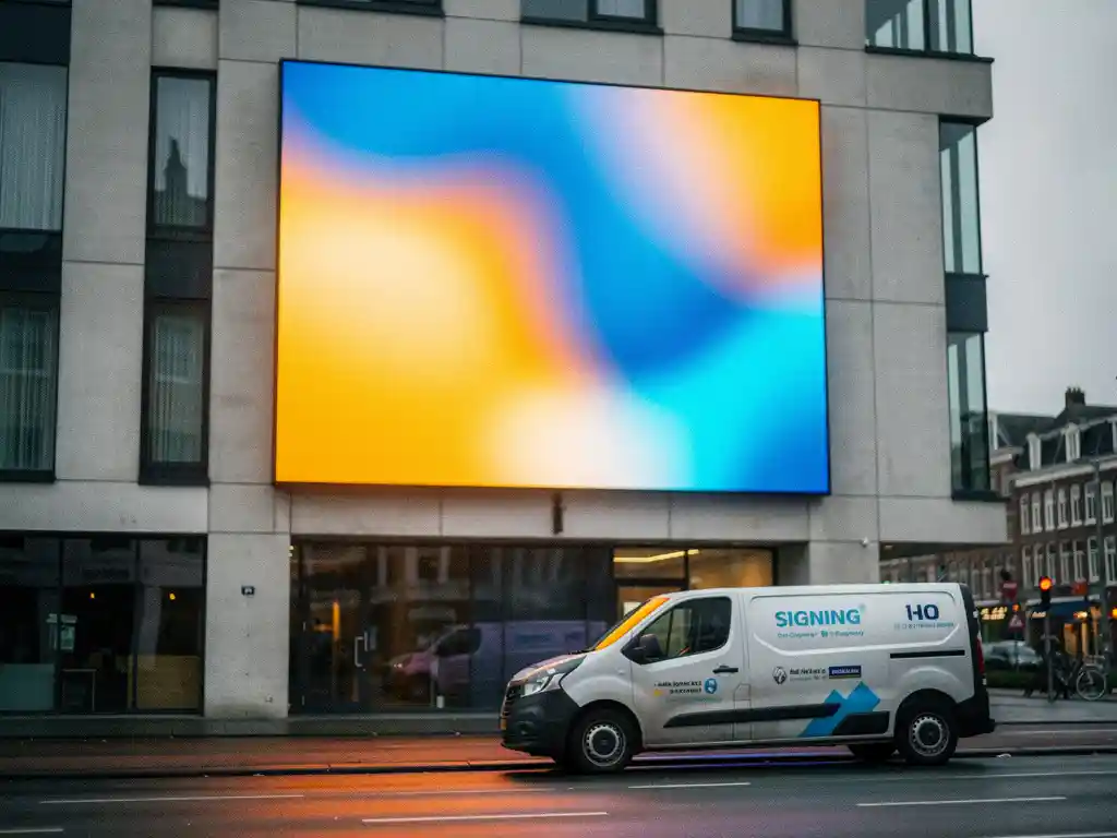 Groot verlicht digitaal reclamebord op moderne Nederlandse gevelwand, met amber en elektrisch blauw licht, installatiebusje geparkeerd eronder.