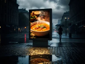 Digitaal reclamebord op regenachtige straathoek met soepadvertentie, weerspiegeling van amber en blauw licht in natte kasseien, voorbijganger met paraplu op achtergrond.