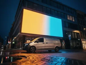 Verlichte digitale reclamebillboard op modern gebouw in Nederlandse stad, met amber en blauw licht weerspiegeld op nat wegdek bij schemering.