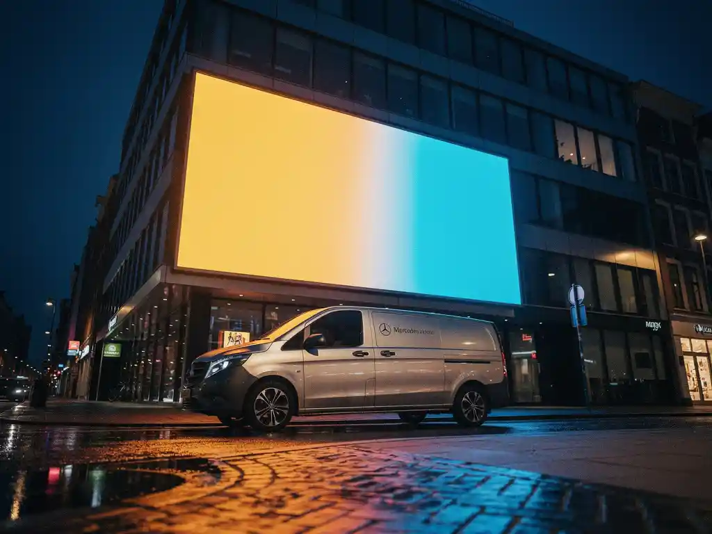 Verlichte digitale reclamebillboard op modern gebouw in Nederlandse stad, met amber en blauw licht weerspiegeld op nat wegdek bij schemering.