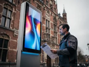 Digitaal reclamescherm op straatpaal in Nederlandse stad, naast bakstenen gemeentegebouw, installateur bekijkt vergunningsdocumenten op klembord.