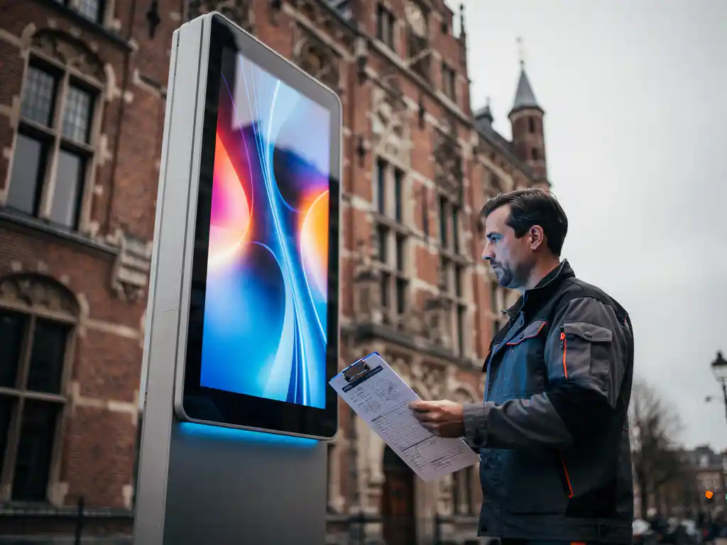 Digitaal reclamescherm op straatpaal in Nederlandse stad, naast bakstenen gemeentegebouw, installateur bekijkt vergunningsdocumenten op klembord.
