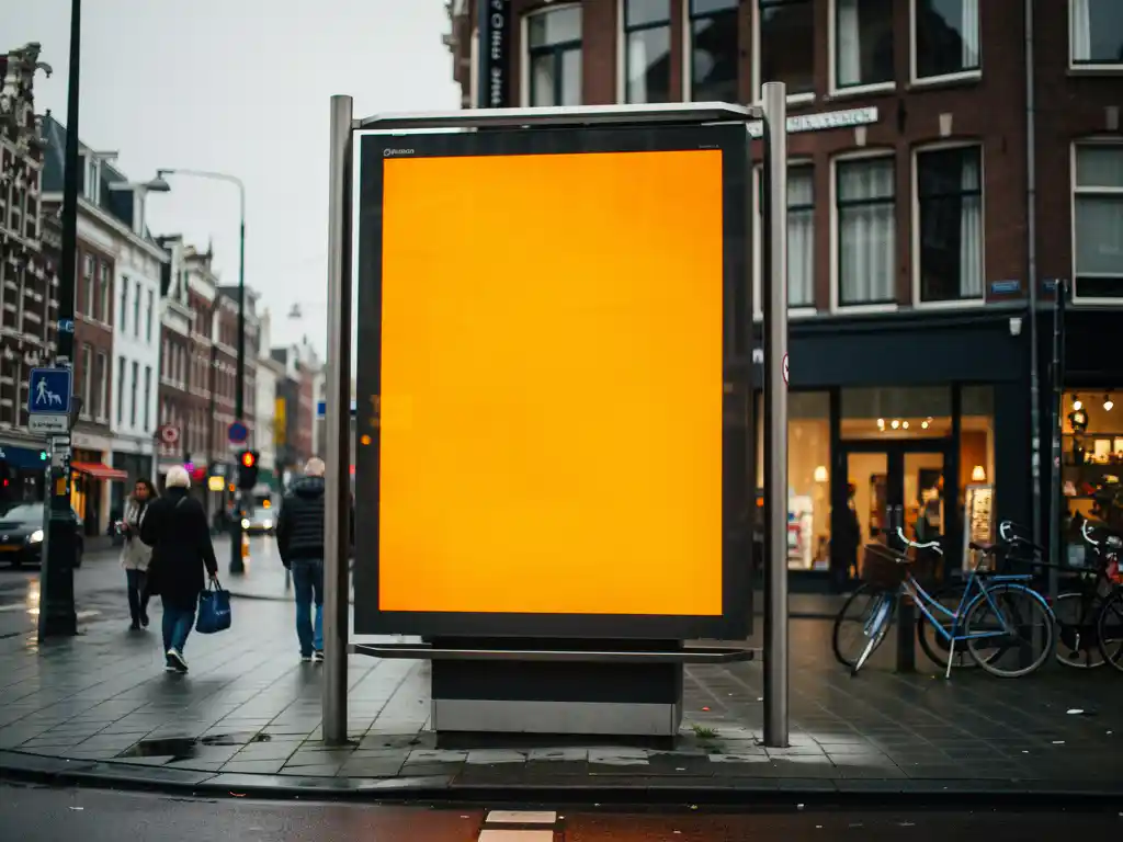 Groot digitaal reclamescherm op een drukke straathoek in een Nederlandse stad, gloeiend in warm amber licht tegen een bewolkte grijze achtergrond.