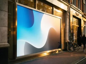 Groot digitaal reclamescherm op een moderne gevel in een Nederlandse stad, verlicht met elektrisch blauw en warm wit in het late middaglicht.