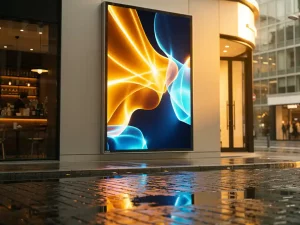 Digitaal reclamescherm op moderne winkelgevel met amber en blauwe gloed, weerspiegeld op natte kinderkopjes bij gouden uursverlichting.