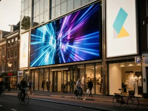 Groot digitaal reclamescherm met levendige content op een moderne winkelgevel aan een drukke Nederlandse winkelstraat in warm middaglicht.