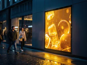 Verlicht digitaal reclamescherm op een moderne winkelgevel bij schemering, gouden gloed weerkaatst op natte kinderkopjes, voorbijgangers aangetrokken door het display.
