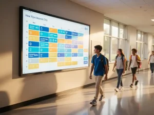 Digitaal schoolrooster op helder blauw-geel display in moderne schoolgang met leerlingen met rugzakken.