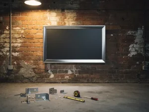 Glanzend digitaal scherm op ruwe bakstenen muur, modern frame contrasteert met industriële omgeving, montagebeugels op betonnen vloer.