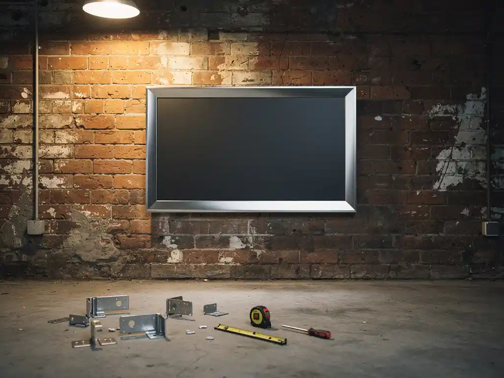 Glanzend digitaal scherm op ruwe bakstenen muur, modern frame contrasteert met industriële omgeving, montagebeugels op betonnen vloer.
