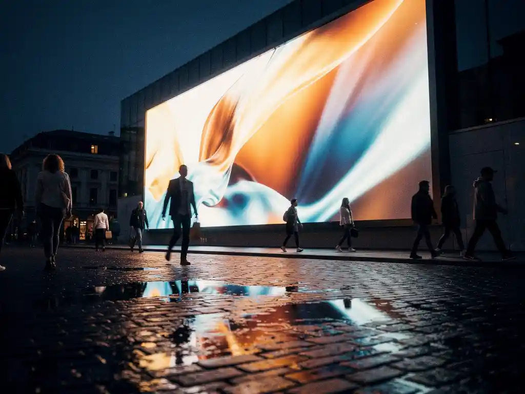 Groot verlicht digitaal scherm op moderne gevelbekleding bij schemering, weerspiegeld in natte kinderkopjes met amber en blauw licht.