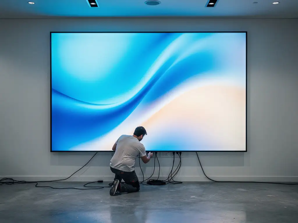 Technicus sluit kabels aan op een grote digitale displayscherm in een modern kantoor met betonnen vloer en elektrisch blauwe verlichting.