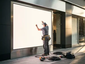 Installateur monteert groot digitaal displayscherm op moderne winkelgevel in middagzonlicht.