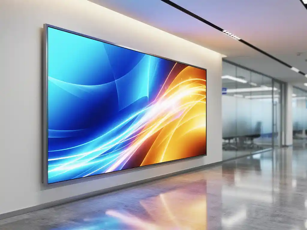 Groot digitaal beeldscherm met levendige content op moderne kantoorwand, verlichte gang op de achtergrond in wit, blauw en amber.
